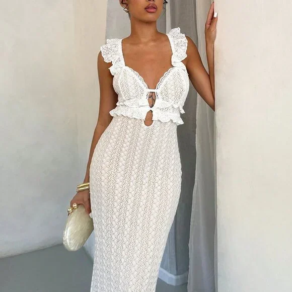White Elegant Women's Sexy Off-Shoulder Crochet Dress - Picture 3 of 5